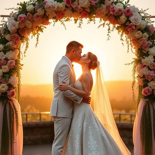 Bride and groom sharing a kiss under a flower-covered archway during their wedding ceremony.