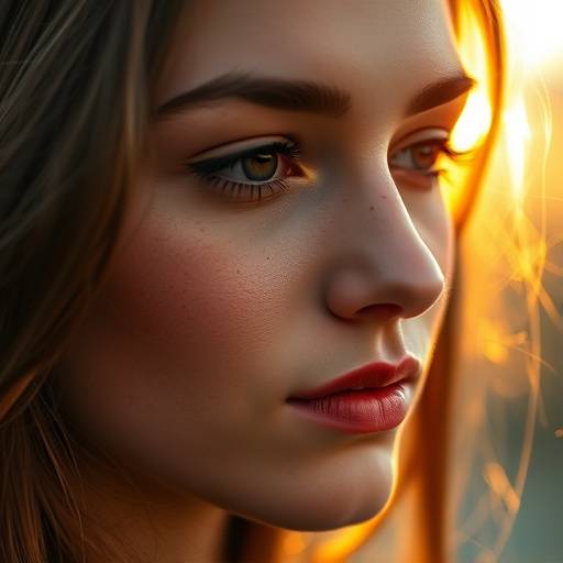 Close-up portrait of a young woman with a serene expression, bathed in golden light.
