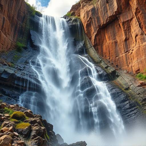 Dramatic photo of a waterfall cascading down a rocky cliff, showcasing the power and beauty of nature.