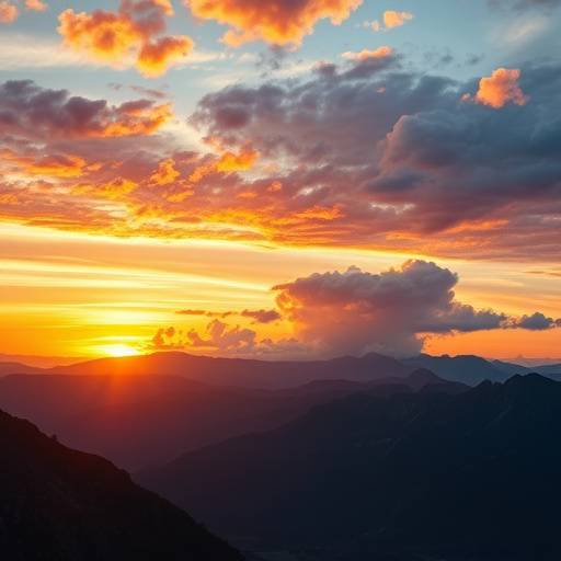 Panoramic view of a mountain range at sunrise, with colorful clouds and golden light.