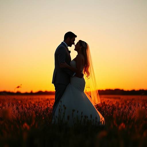 Romantic sunset portrait of a bride and groom standing in a field, silhouetted against the setting sun.