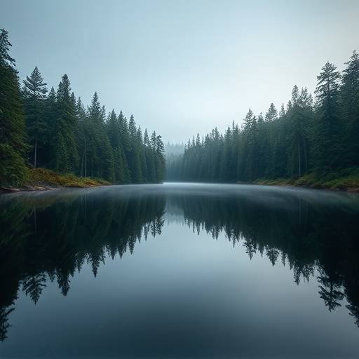 Serene image of a lake reflecting the surrounding forest, creating a mirror-like effect.