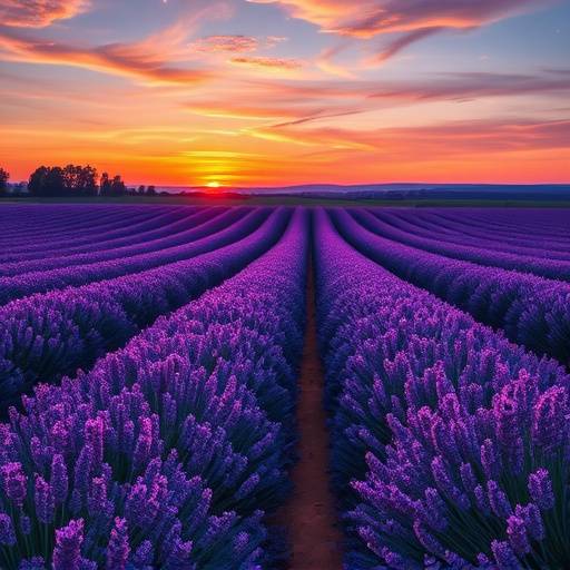 Vibrant landscape with fields of lavender at sunset.